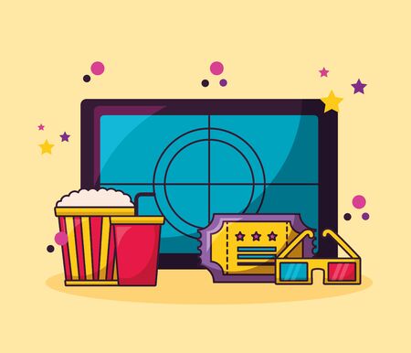 countdown screen ticket 3d glasses soda popcorn cinema movie vector illustrationのイラスト素材
