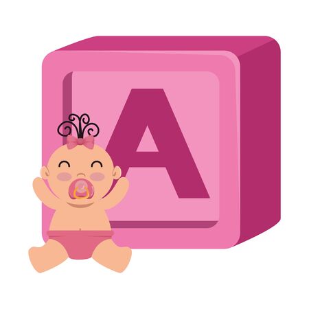 alphabet block toy with baby girl vector illustration designのイラスト素材