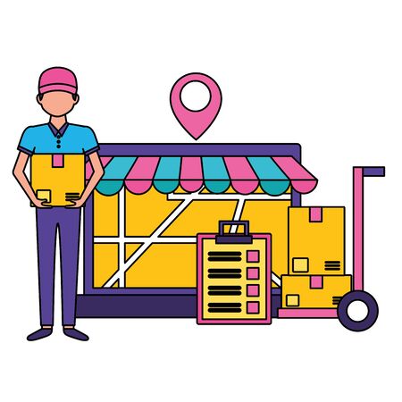 man with box laptop map location clock clipboard fast delivery vector illustrationのイラスト素材