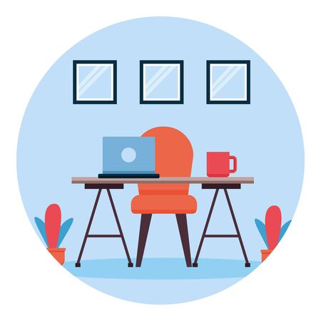 desk chair coffee cup laptop plants windows workplace office furniture vector illustrationのイラスト素材