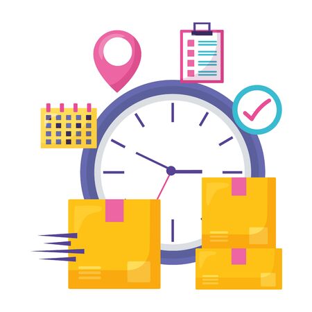 clock cardboard box calendar checkmark location pointer fast delivery business vector illustrationのイラスト素材