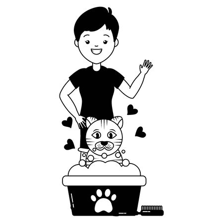 woman cat pet grooming bucket and brush vector illustration