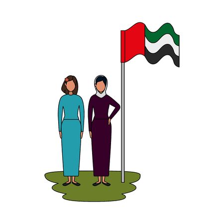 islamic women with traditional burka and arabia flag in pole vector illustration designのイラスト素材