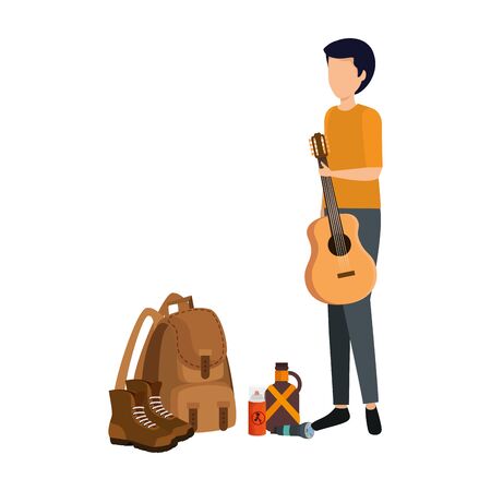 young man with guitar and camping equipment vector illustration designのイラスト素材