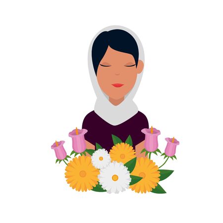 islamic woman with traditional burka and garden flowers vector illustration designのイラスト素材
