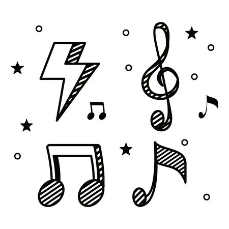set of thunder with musical melody notes to music style vector illustrationのイラスト素材