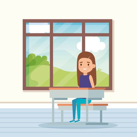 girl child in the classroom with window and desk to school education vector illustrationのイラスト素材