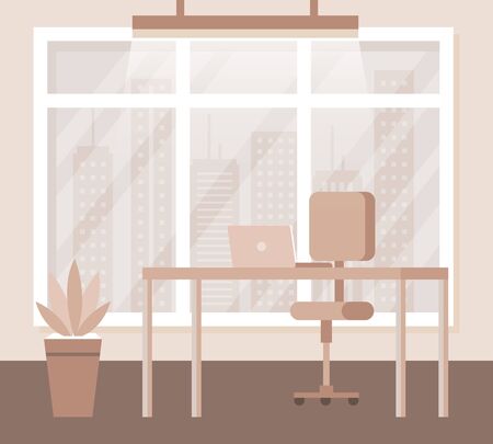 desk with laptop and chair with plant and window in the office, vector illustrationのイラスト素材