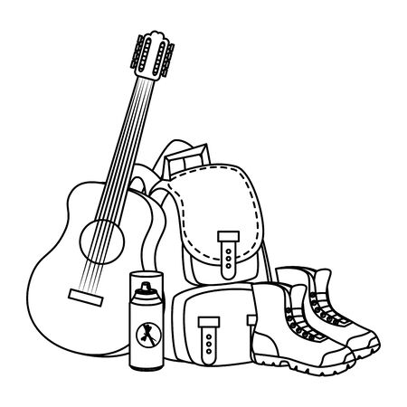 camping travel bag with guitar and boots vector illustration designのイラスト素材