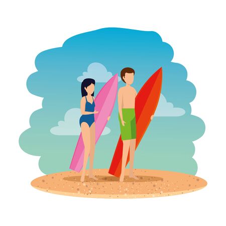 young couple with swimsuit and surfboard on the beach vector illustration designのイラスト素材