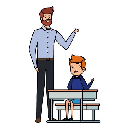 student boy seated in school desk with male teacher vector illustration designのイラスト素材