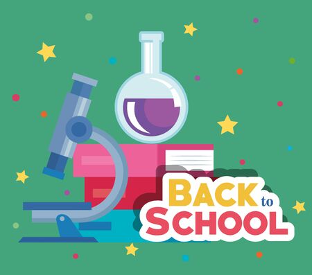 erlenmeyer flask with microscope and books elementary over green background vector illustrationのイラスト素材