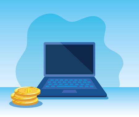 laptop technology and coins cash money over blue background, vector illustrationのイラスト素材