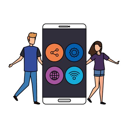 young couple with smartphone and social media menu vector illustration designのイラスト素材