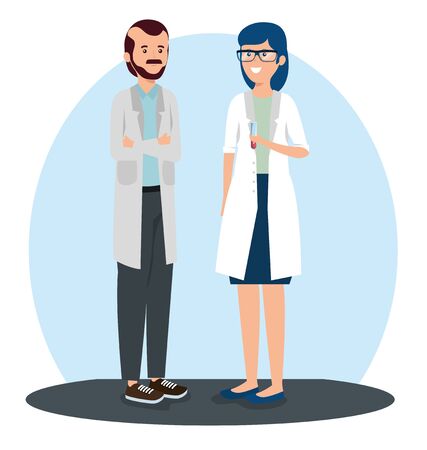 woman and man doctors with uniform and glasses to labor day, vector illustrationのイラスト素材