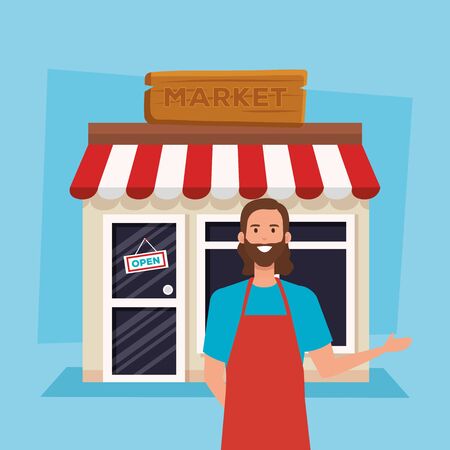salesman with healthy natural store products over blue background, vector illustrationのイラスト素材