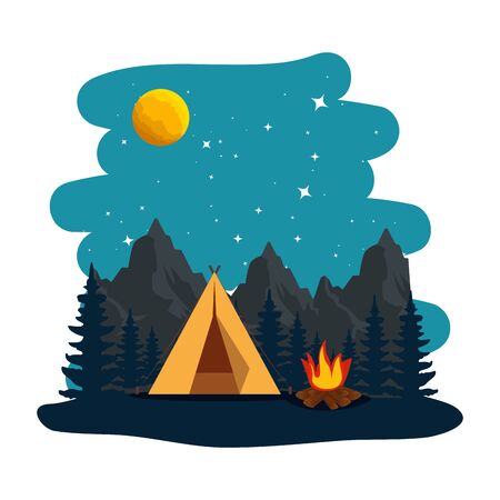 camping zone with tent and campfire at night scene vector illustrationのイラスト素材