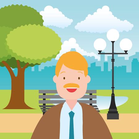 businessman park city street bench lamp tree urban vector illustrationのイラスト素材