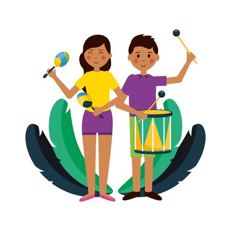 girl and boy drum and maracas musical instrument vector illustrationのイラスト素材