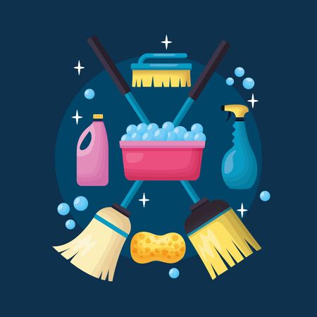 washing bucket broom mop sponge brush spring cleaning toolsのイラスト素材