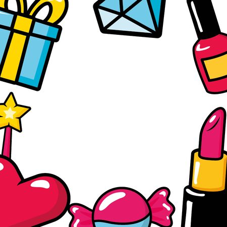 heart candy gift diamond nail polish lipstick pop art elements vector illustrationのイラスト素材