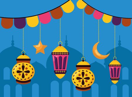 moon lantern star celebration eid mubarak vector illustrationのイラスト素材