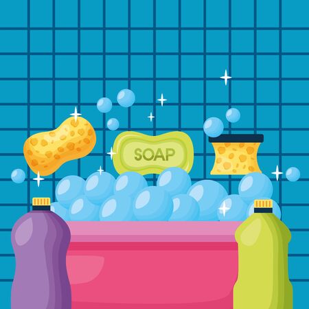 washing bucket sponge soap product spring cleaning tools vector illustrationのイラスト素材