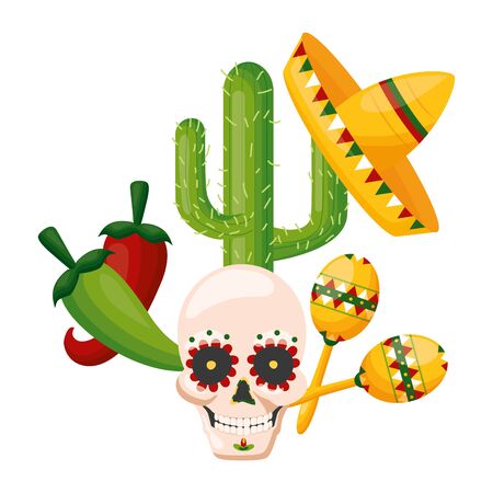 skull cactus hat maracas jalapeno mexico cinco de mayo vector illustrationのイラスト素材