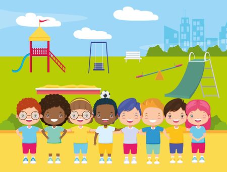 happy group girls and boys in the playground - kids zone vector illustrationのイラスト素材