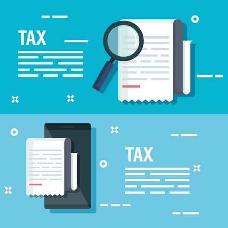 set service tax document with magnifying glass and smartphone vector illustrationのイラスト素材