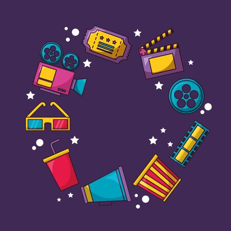 things 3d glasses speaker popcorn ticket camera cinema movie vector illustrationのイラスト素材