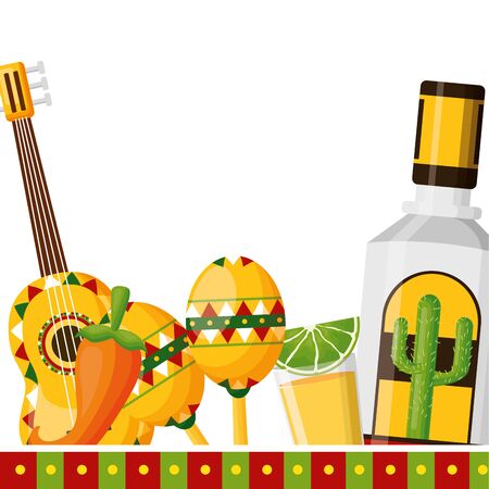 tequila guitar pepper shot maraca mexico cinco de mayo vector illustrationのイラスト素材