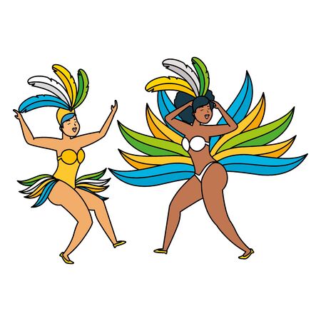 dancers exotic feathers brazil carnival celebration vector illustrationのイラスト素材