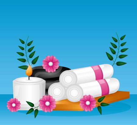 towels candle stone flowers spa treatment therapy vector illustrationのイラスト素材