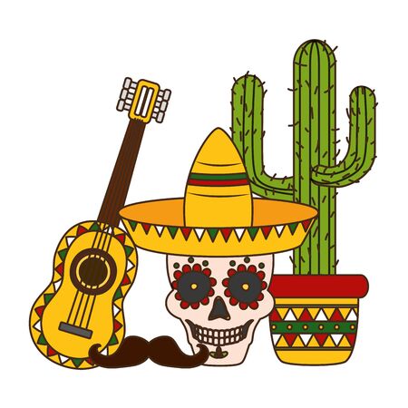 skull hat guitar cactus mustache cinco de mayo vector illustrationのイラスト素材