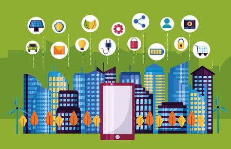 smartphone services internet of things networks innovation smart city vector illustrationのイラスト素材