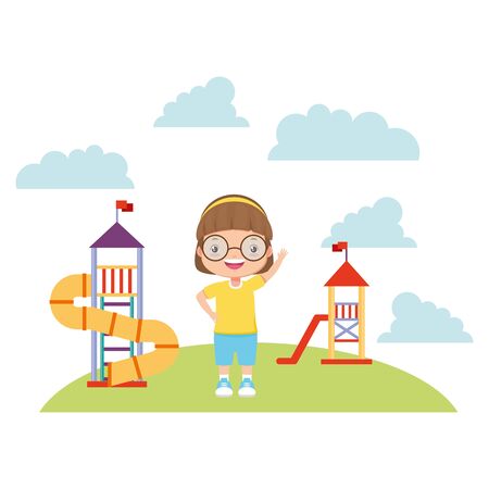 girl waving hand playground slide - kid zone vector illustrationのイラスト素材