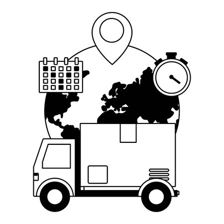 truck cardboard box destination clock calendar fast delivery vector illustrationのイラスト素材