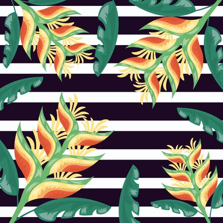 flowers tropical leaves foliage stripes dark background vector illustrationのイラスト素材