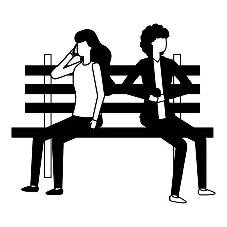 women using smartphone in bench park talking bubble vector illustrationのイラスト素材