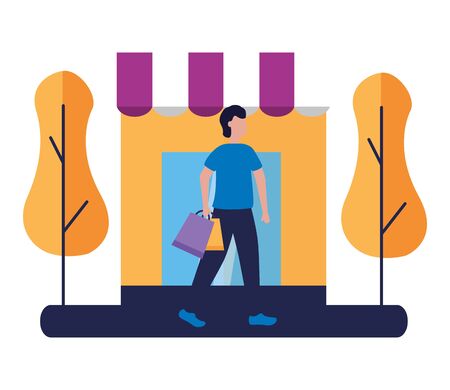 man with shopping bag in the street store commerce vector illustrationのイラスト素材