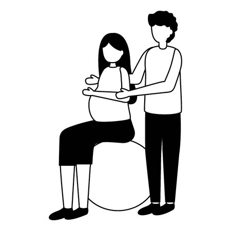 man and woman yoga ball pregnancy and maternity scene flat vector illustrationのイラスト素材