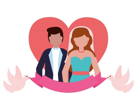couple wedding love heart pigeons ribbon vector illustrationのイラスト素材