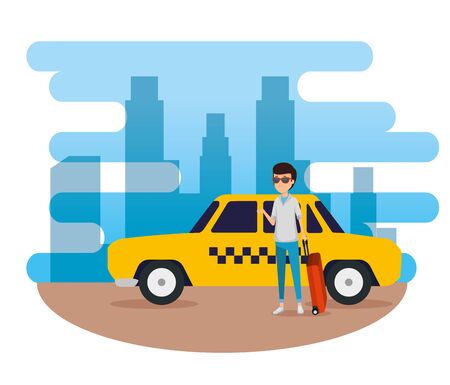 man tourist with suitcase and taxi car vector illustrationのイラスト素材