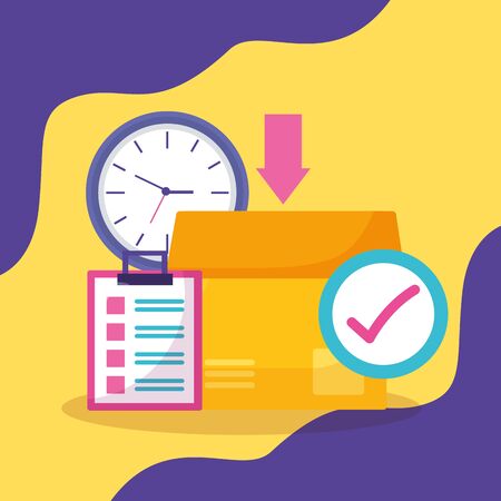 cardboard box clock check mark clipboard fast delivery business vector illustrationのイラスト素材