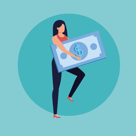 young woman with bills dollars character vector illustration designのイラスト素材