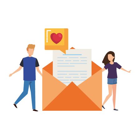 young couple with envelope and love speech bubble vector illustration designのイラスト素材