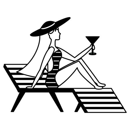 woman with cocktail in swimsuit sitting on deck chair vector illustrationの販売画像