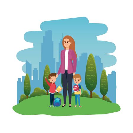 happy students boys with female teacher in the landscape vector illustrationのイラスト素材