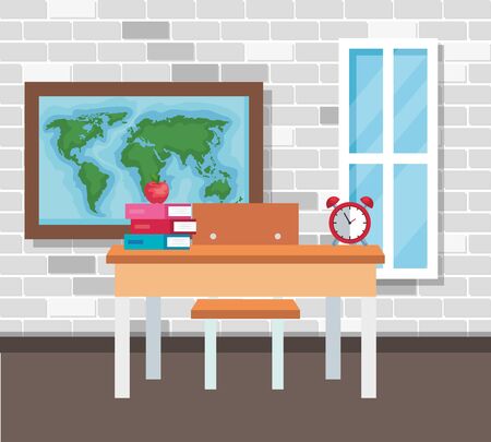 classroom scene with teacher desk and supplies vector illustration designのイラスト素材